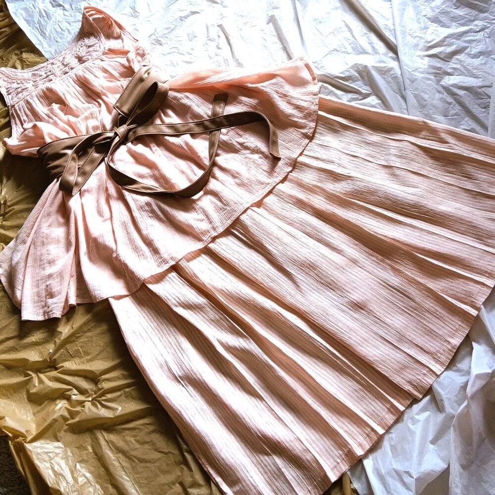PEACH PINSTRIPED PLEATED VINTAGE SKIRT, 8, W/COORDINATED COTTON TOP, SM-MED